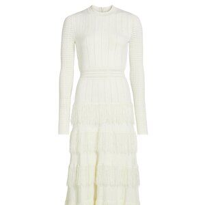 ✨ Lela Rose White Knit Fringe-Trim Maxi Dress – Size M (Excellent Condition)